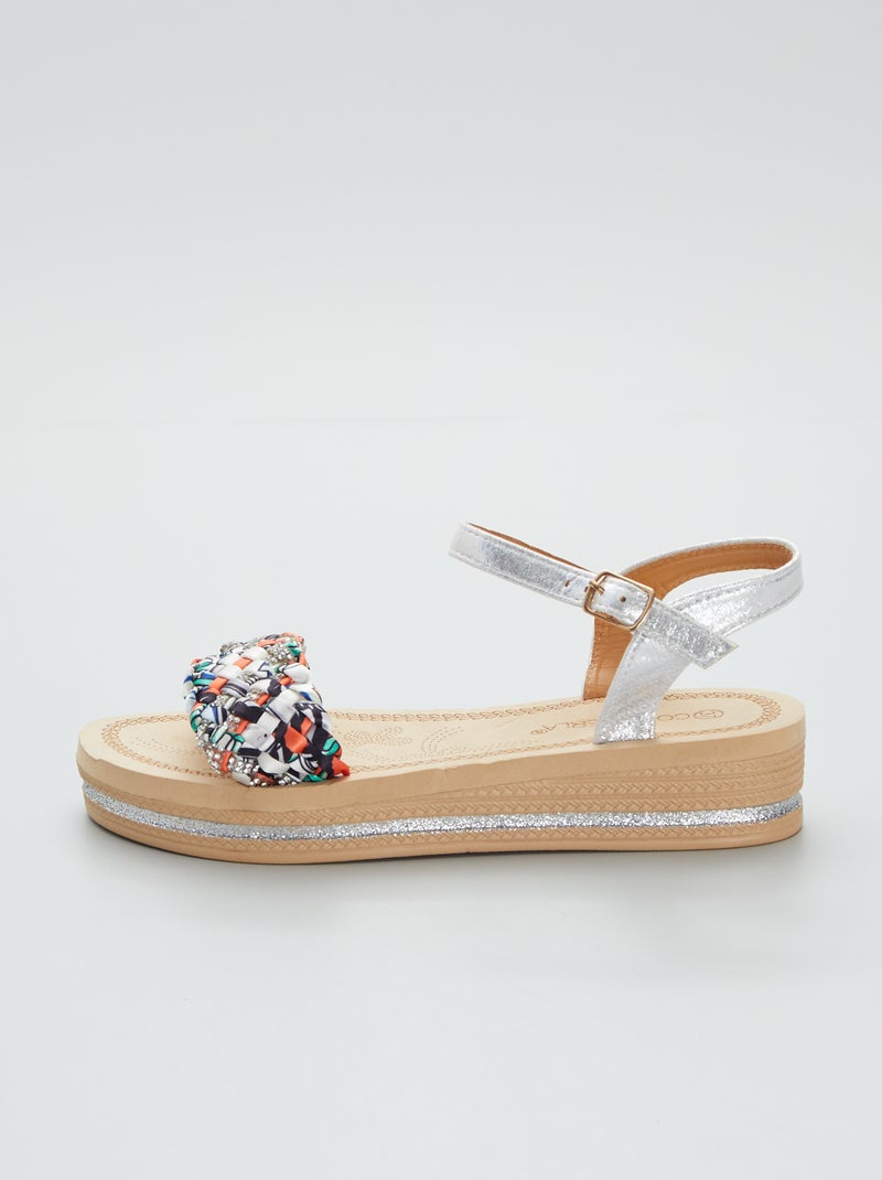 Sandalen met sleehak, gevlochten riempje en strass Beige - Kiabi