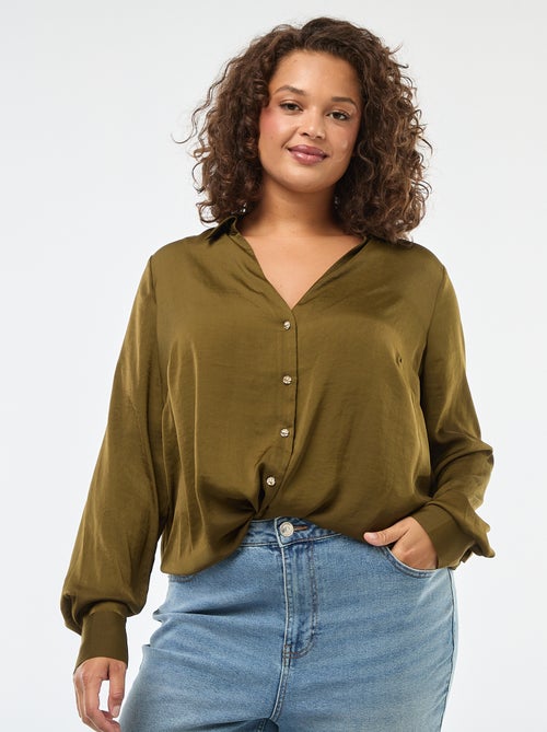 Satijnachtig overhemd in safaristijl met goudkleurige knopen - Kiabi