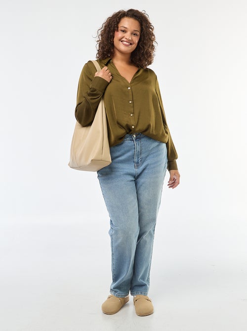 Satijnachtig overhemd in safaristijl met goudkleurige knopen - Kiabi