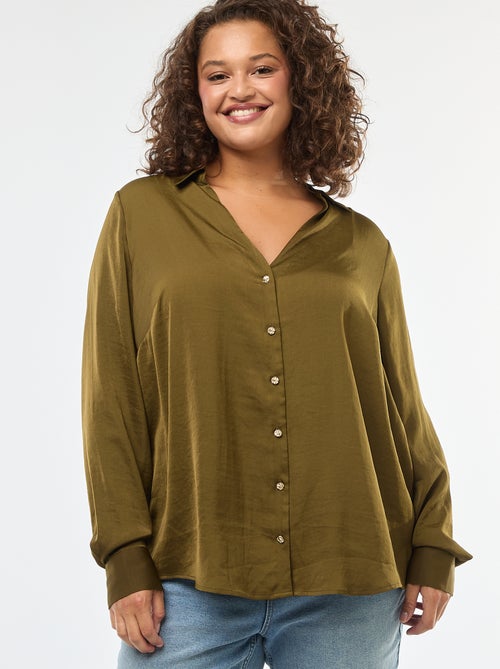 Satijnachtig overhemd in safaristijl met goudkleurige knopen - Kiabi