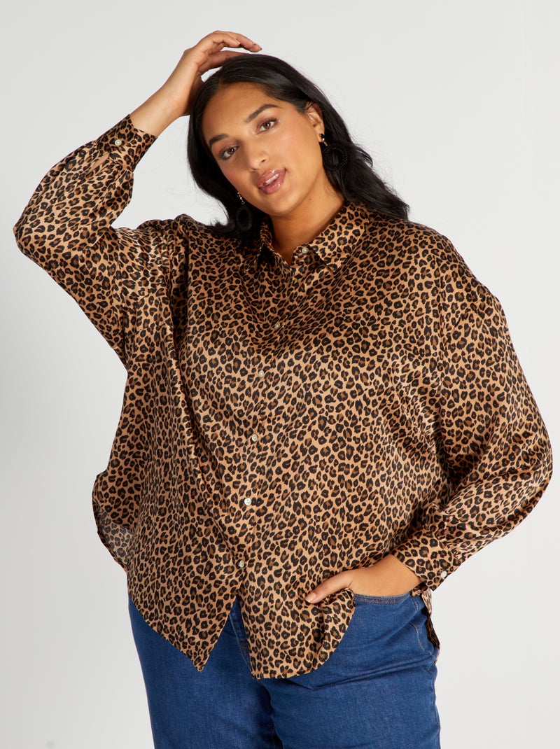 Satijnachtige blouse met Italiaanse kraag BIEGE - Kiabi