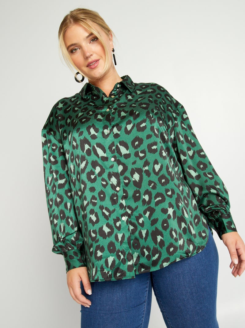 Satijnachtige blouse met Italiaanse kraag GROEN - Kiabi