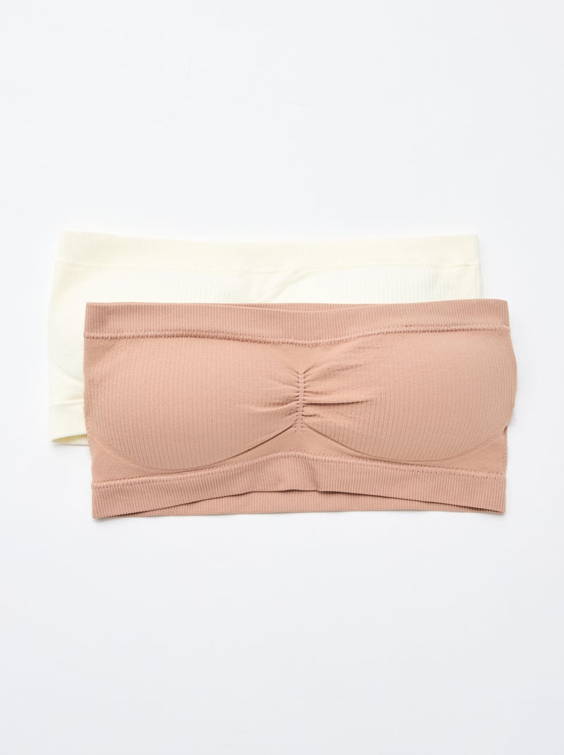 Set van 2 ribstoffen bandeau beha's zonder naden Biege - Kiabi