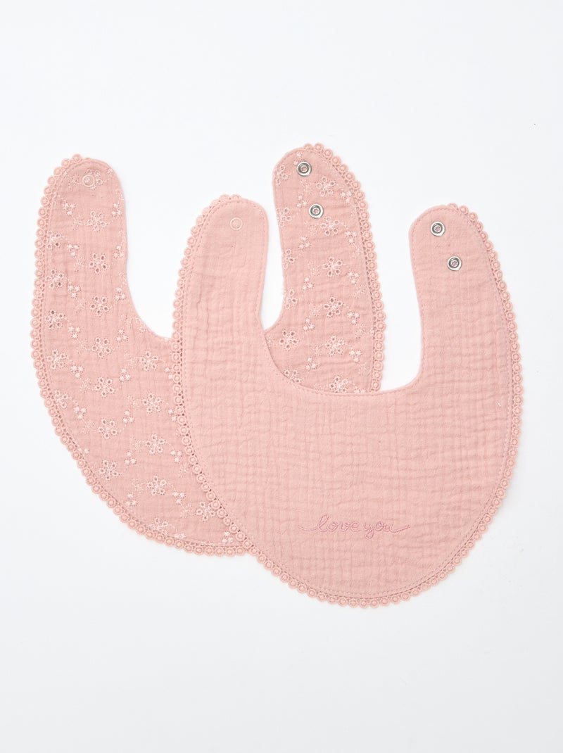 Set van 2 slabbetjes van hydrofiele stof met broderie anglaise Rose - Kiabi