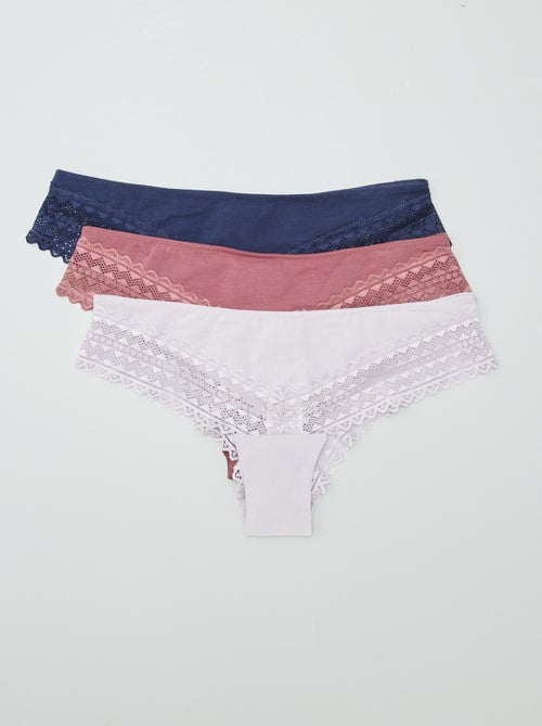Set van 3 katoenen en kanten tanga's - Kiabi