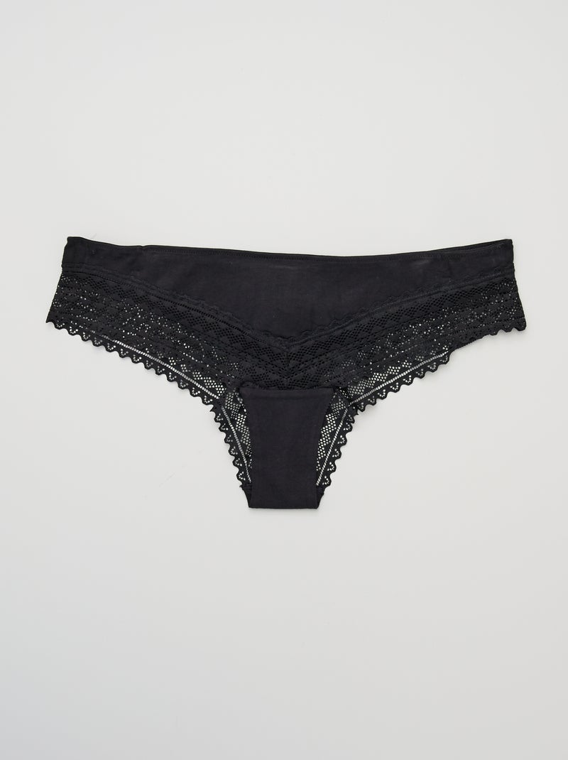 Set van 3 katoenen en kanten tanga's ZWART - Kiabi
