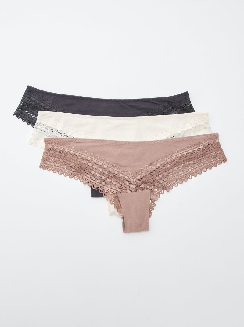 Set van 3 tangaslips van katoen en kant ROSE - Kiabi
