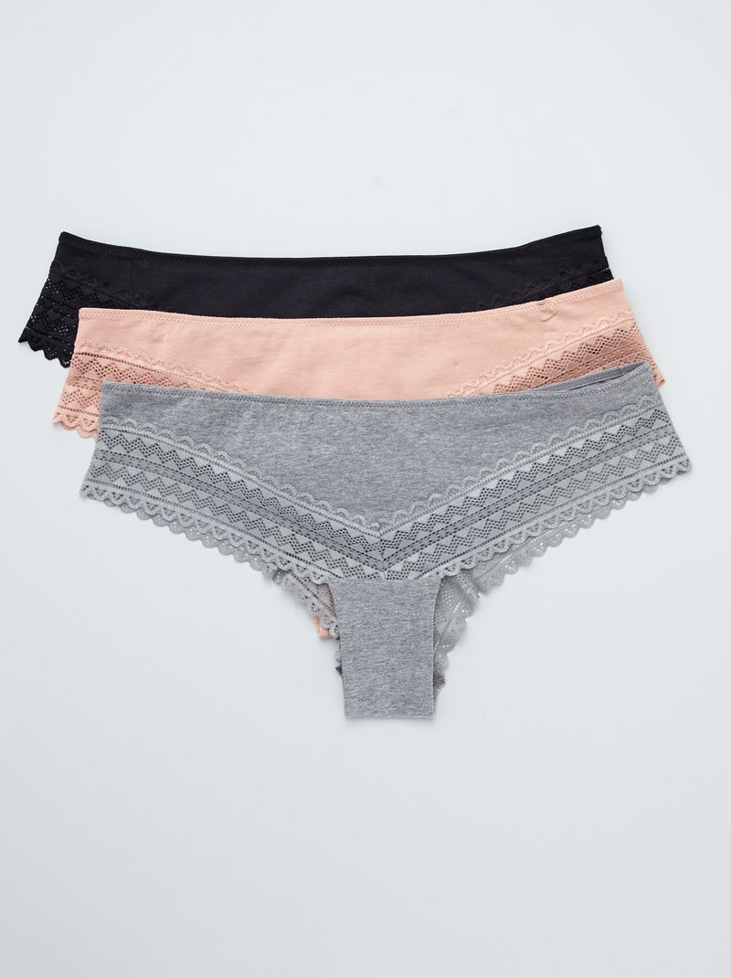 Set van 3 tangaslips van katoen en kant ROSE - Kiabi