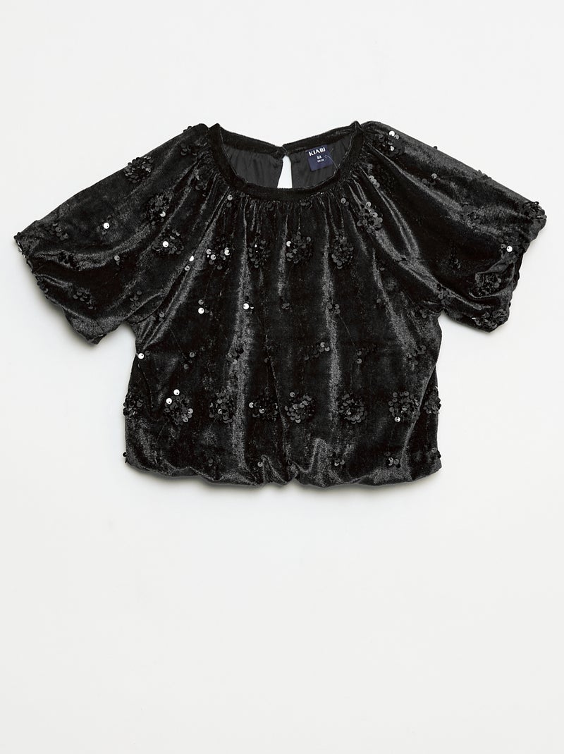 Setje - Bloesje + flared-fit broek van velours Zwart - Kiabi