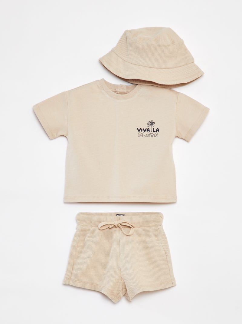 Setje - Kort T-shirt + short + vissershoedje - 3-delig BIEGE - Kiabi
