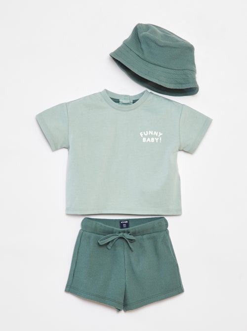 Setje - Kort T-shirt + short + vissershoedje - 3-delig - Kiabi