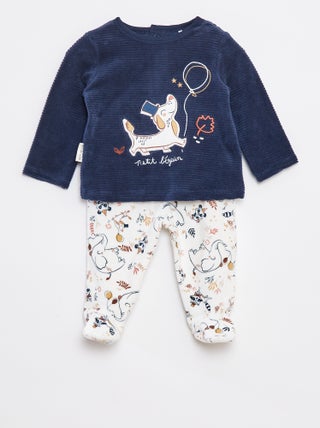 Setje - Lange pyjama met T-shirt + broek met voetjes in fleece - 2-delig
