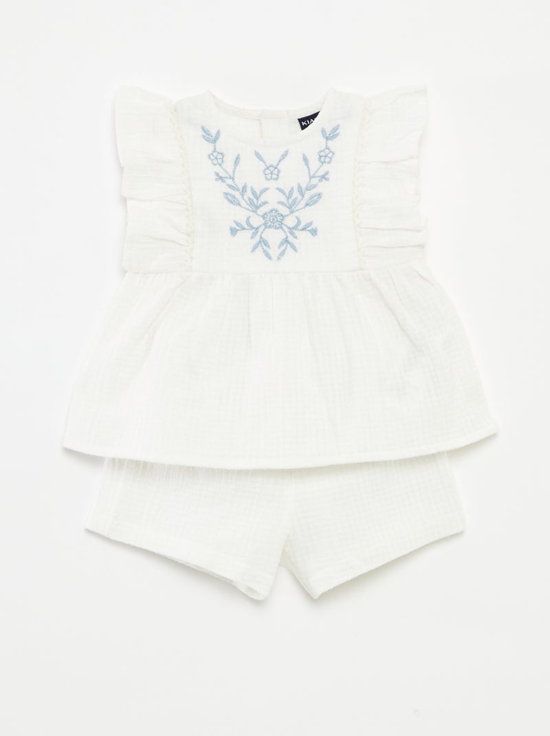 Setje - Topje met borduursel + short - 2-delig Wit - Kiabi