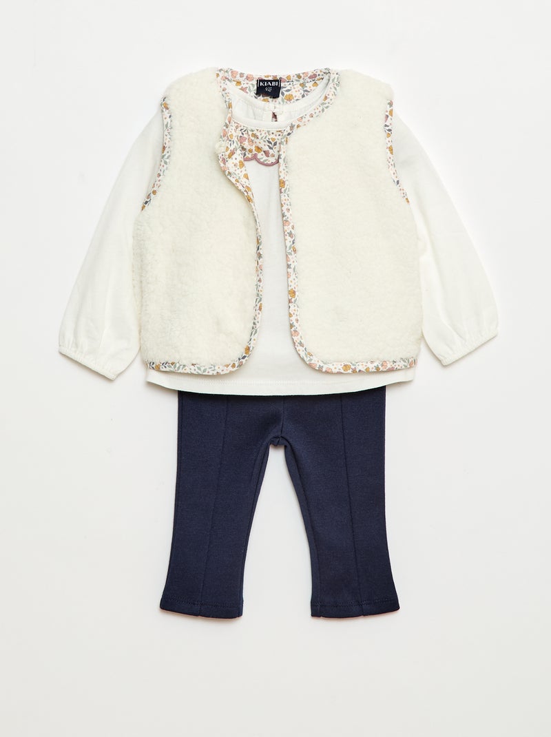 Setje - Vest met schapenvachteffect + T-shirt + legging - 3-delig Wit - Kiabi