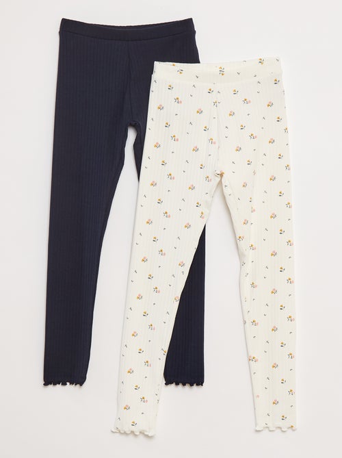 Setje leggings van ribstof - 1 effen + 1 met print - 2-delig - Kiabi