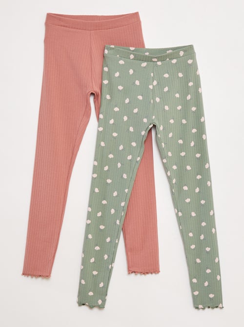 Setje leggings van ribstof - 1 effen + 1 met print - 2-delig - Kiabi