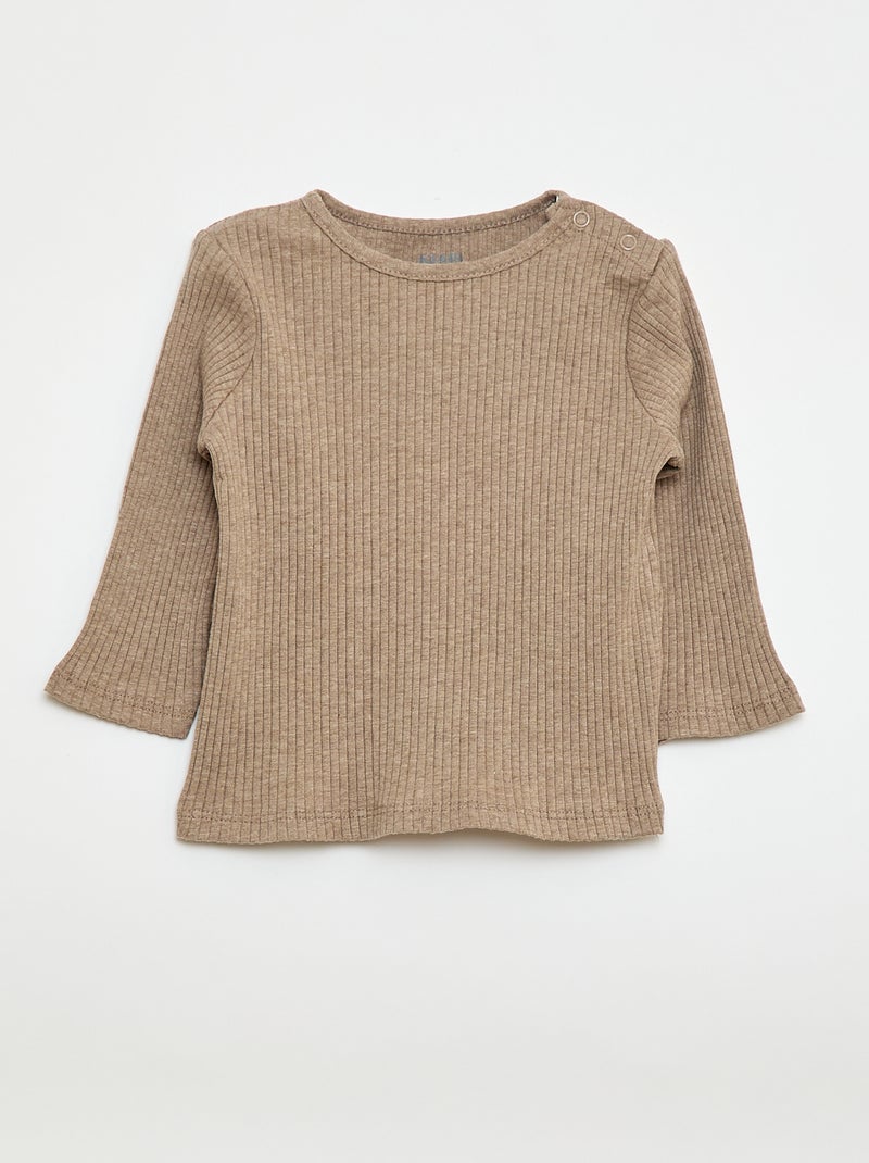 Setje met 2 effen T-shirts van ribstof met lange mouw Biege - Kiabi