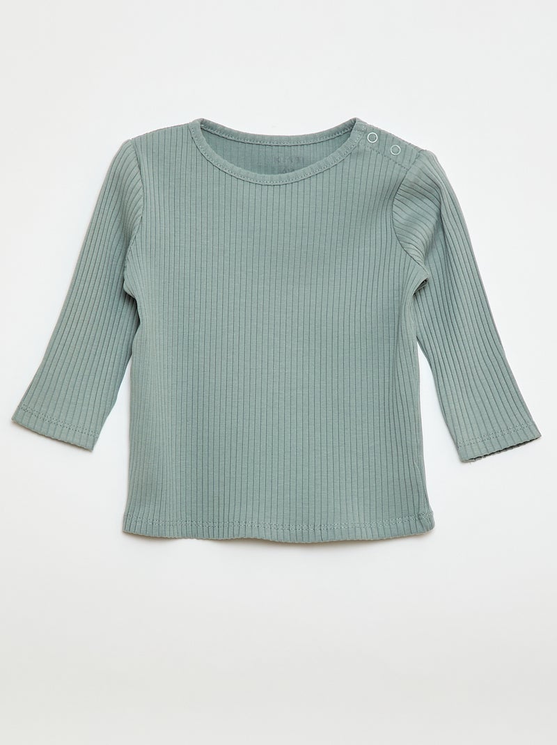 Setje met 2 effen T-shirts van ribstof met lange mouw Biege - Kiabi