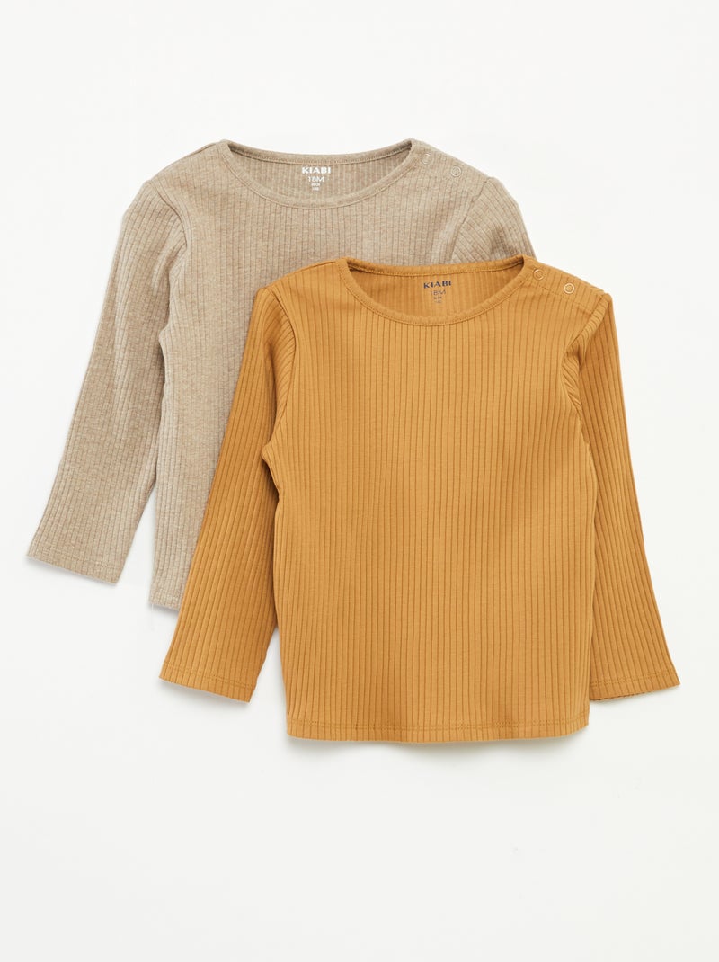 Setje met 2 effen T-shirts van ribstof met lange mouw Biege - Kiabi