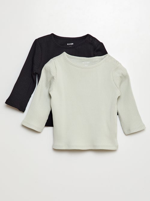 Setje met 2 effen T-shirts van ribstof met lange mouw - Kiabi