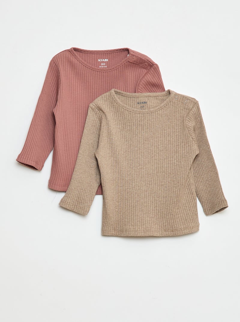 Setje met 2 effen T-shirts van ribstof met lange mouw Bruin - Kiabi