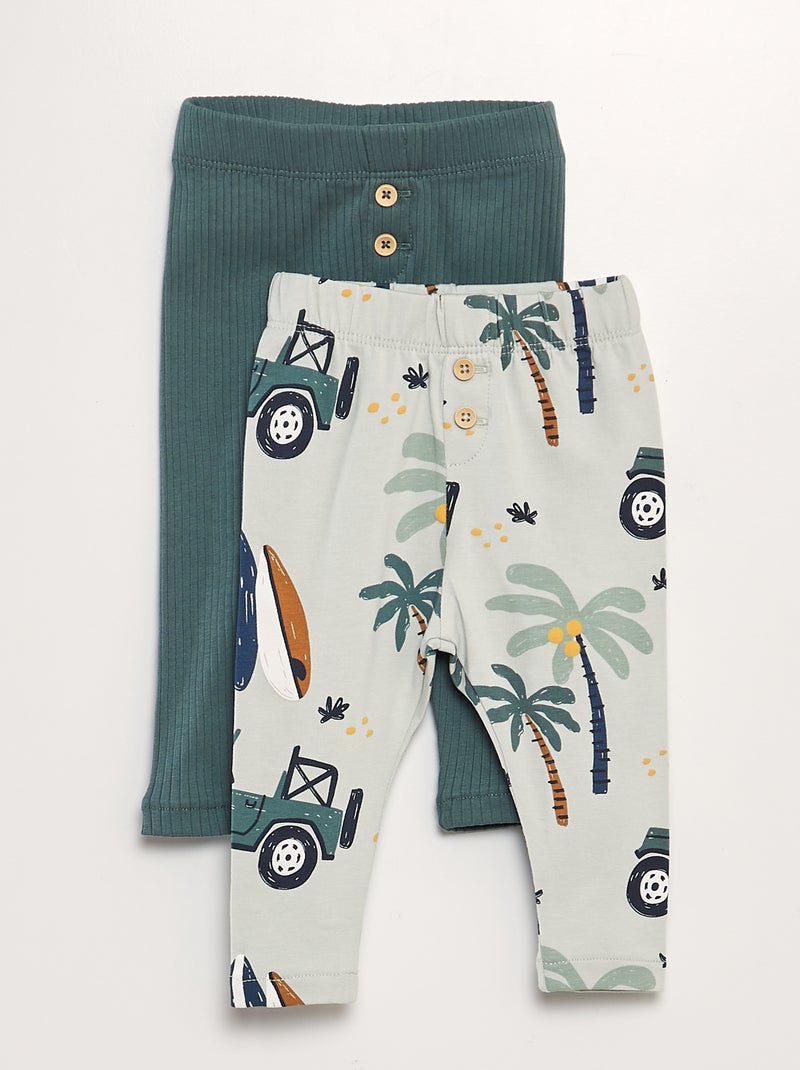 Setje met 2 leggings - 1 met print, 1 met ribbeltextuur GROEN - Kiabi