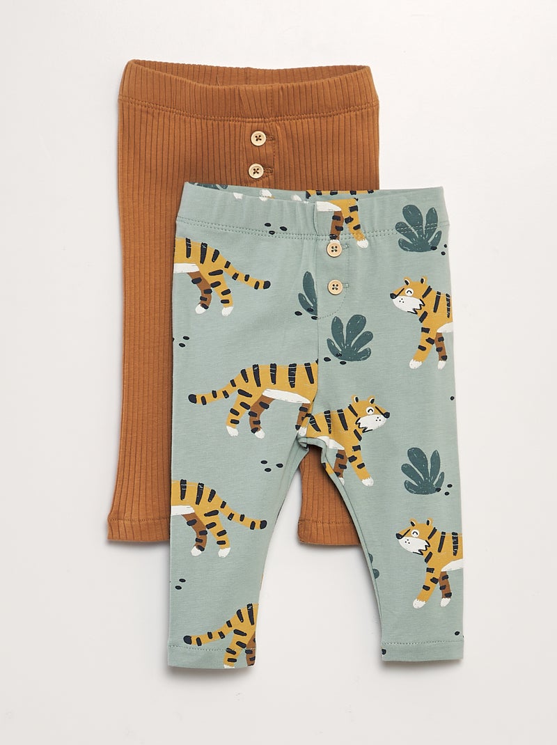 Setje met 2 leggings - 1 met print, 1 met ribbeltextuur GROEN - Kiabi