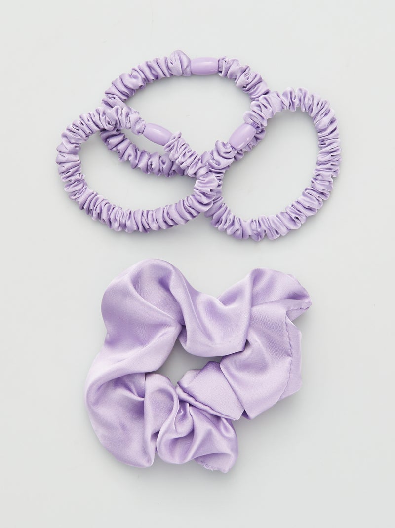 Setje met 3 elastieken + scrunchie met satijnglans PAARS - Kiabi