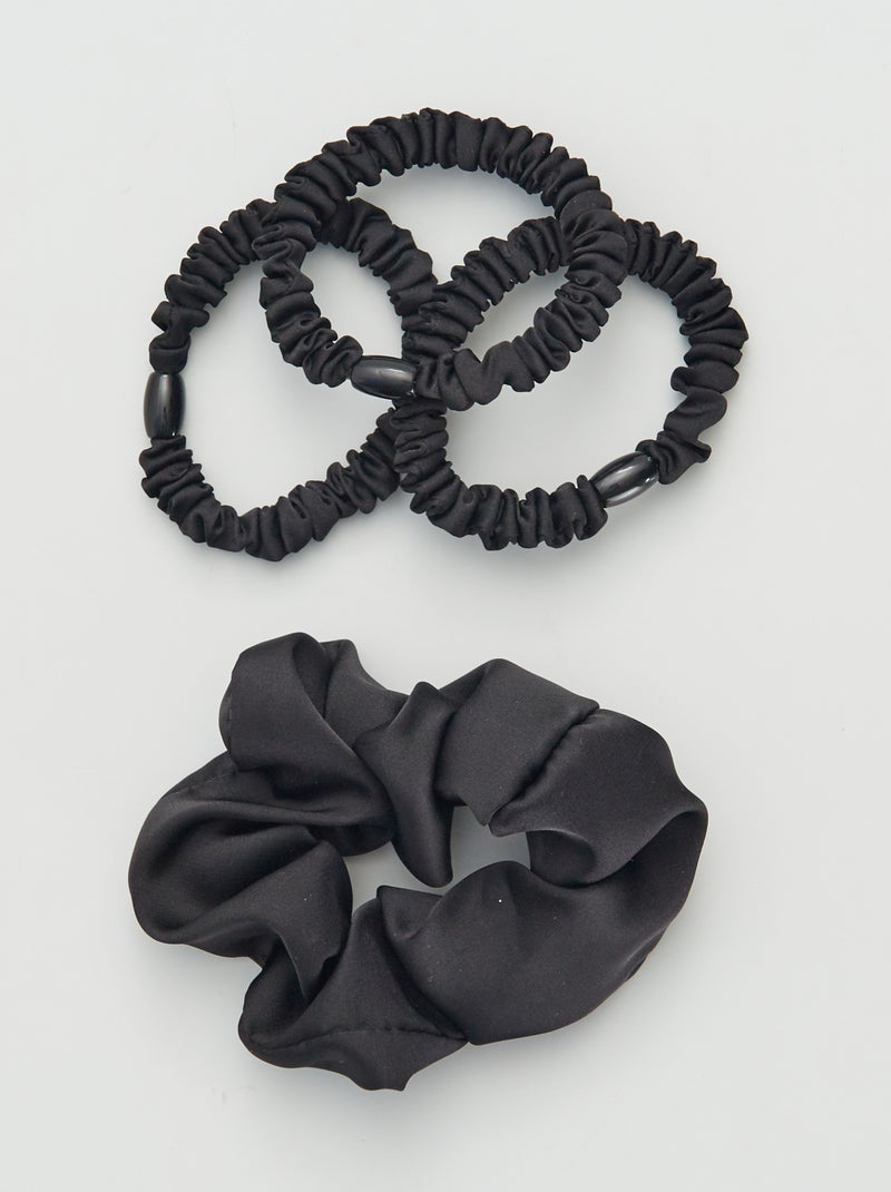 Setje met 3 elastieken + scrunchie met satijnglans ZWART - Kiabi