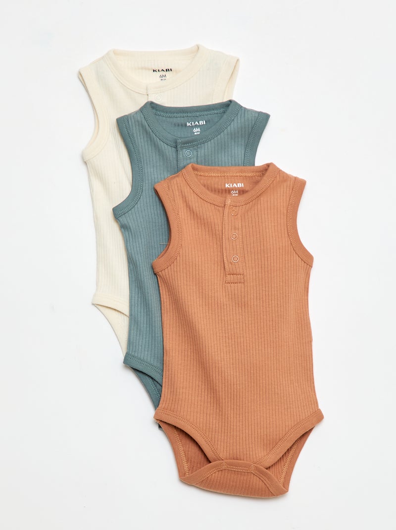 Setje met 3 mouwloze rompertjes met ribbeltextuur Blauw - Kiabi