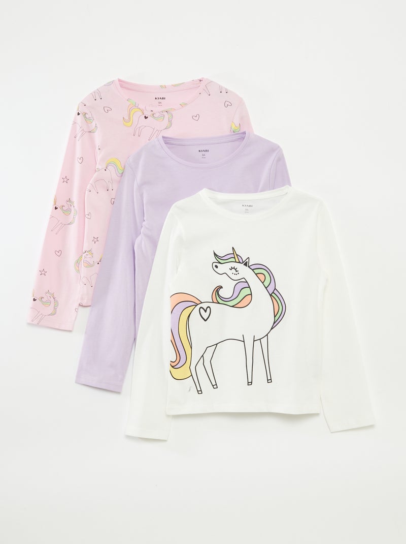 Setje met 3 T-shirts met lange mouwen en ronde hals Paars - Kiabi