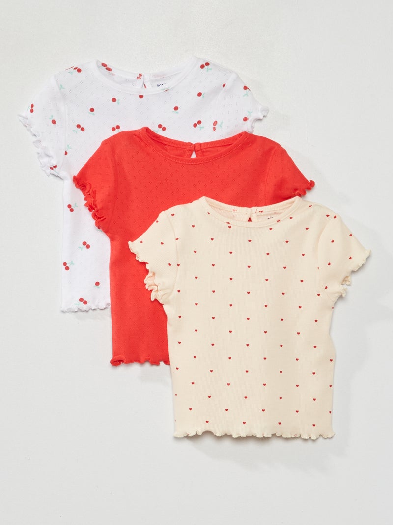 Setje met 3 T-shirts van tricot met fijn ajourmotiefje ROOD - Kiabi