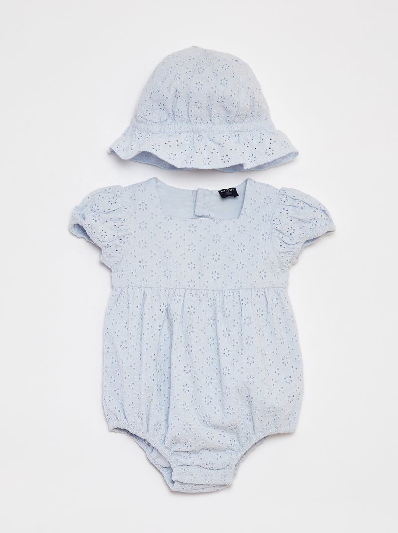 Setje met speelpakje + vissershoedje in broderie anglaise - 2-delig BLAUW - Kiabi