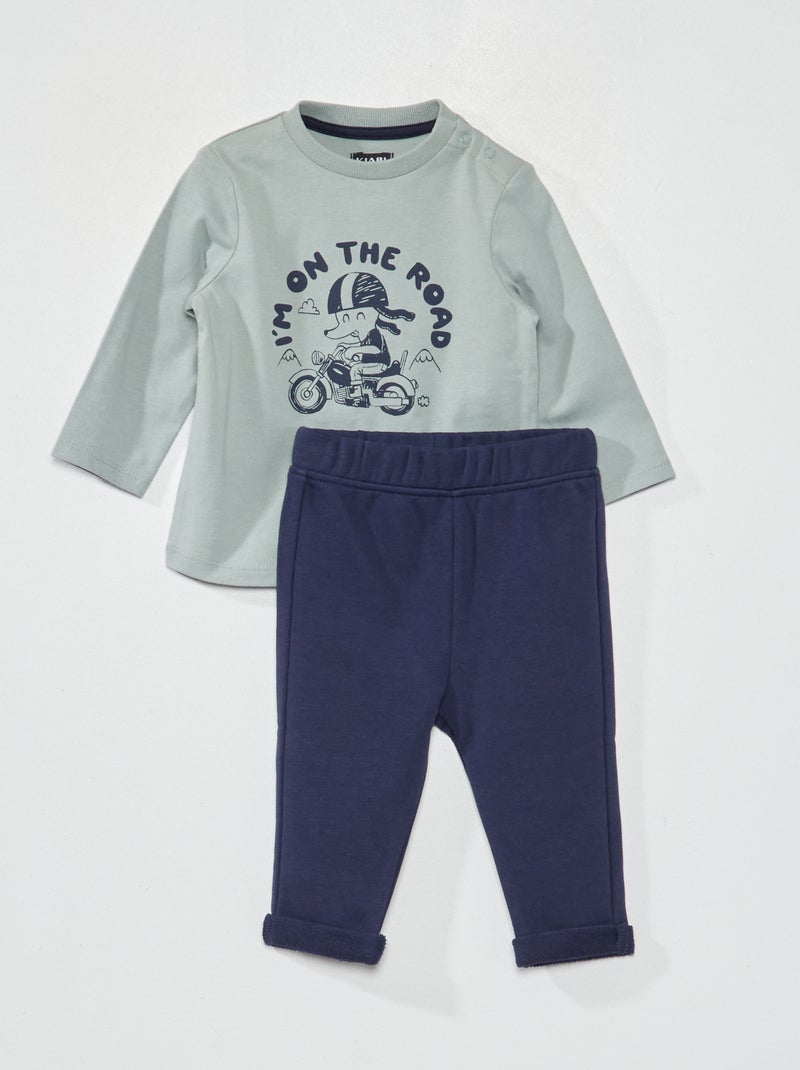 Setje met T-shirt met print + broek van french terry BLAUW - Kiabi