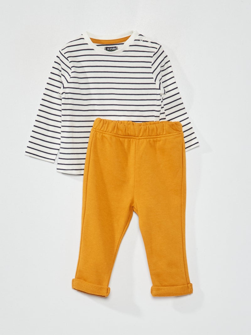Setje met T-shirt met print + broek van french terry blauw gestreept - Kiabi