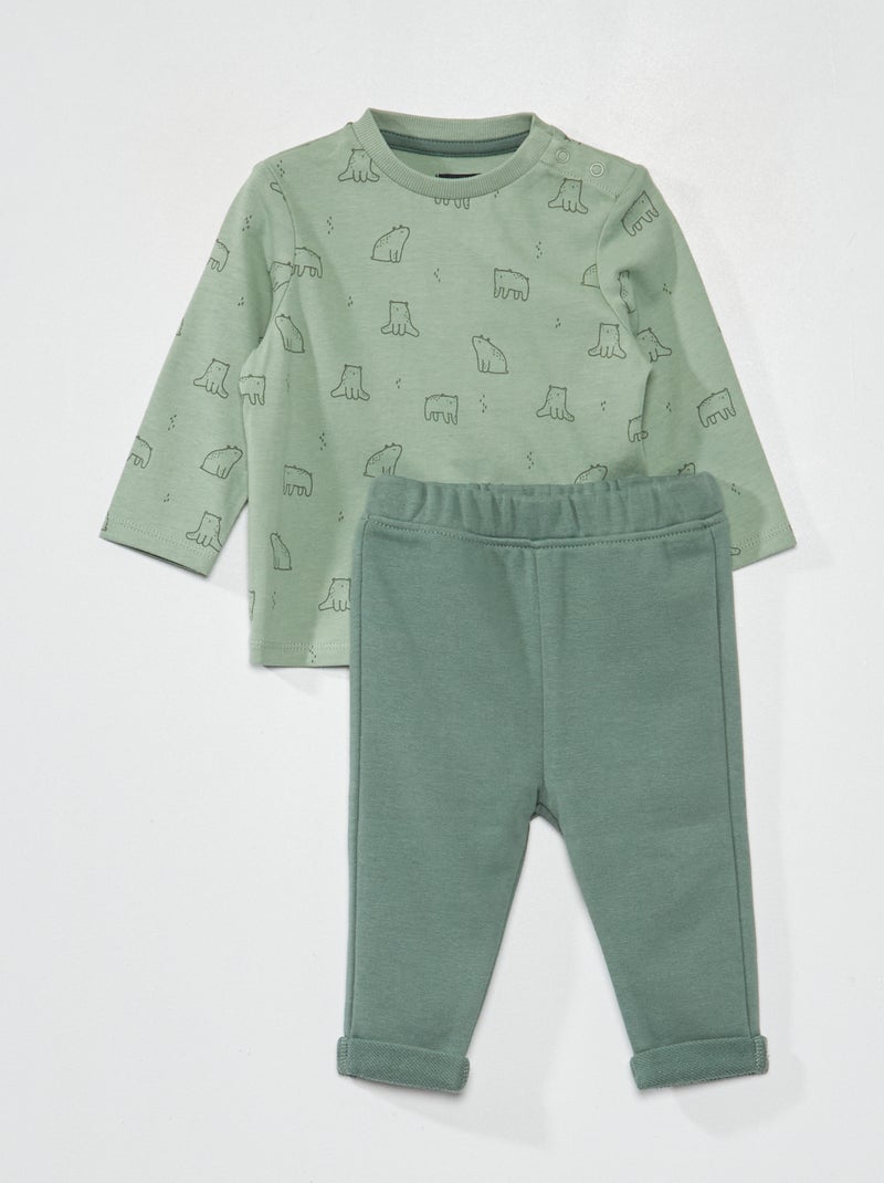 Setje met T-shirt met print + broek van french terry GROEN - Kiabi