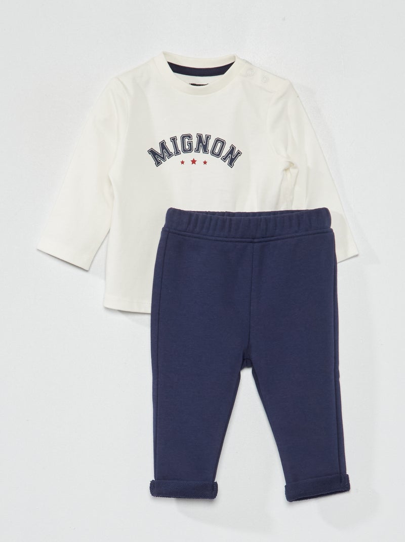 Setje met T-shirt met print + broek van french terry WIT - Kiabi