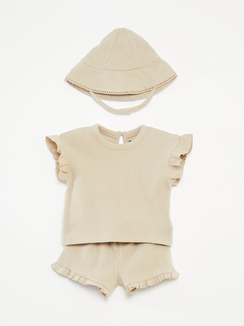 Setje met T-shirt + short +bobhoedje met wafeltextuur - 3-delig BIEGE - Kiabi