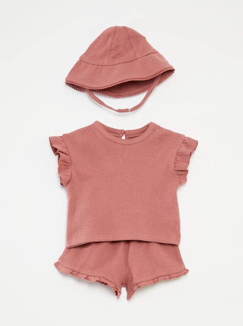 Setje met T-shirt + short +bobhoedje met wafeltextuur - 3-delig - Kiabi
