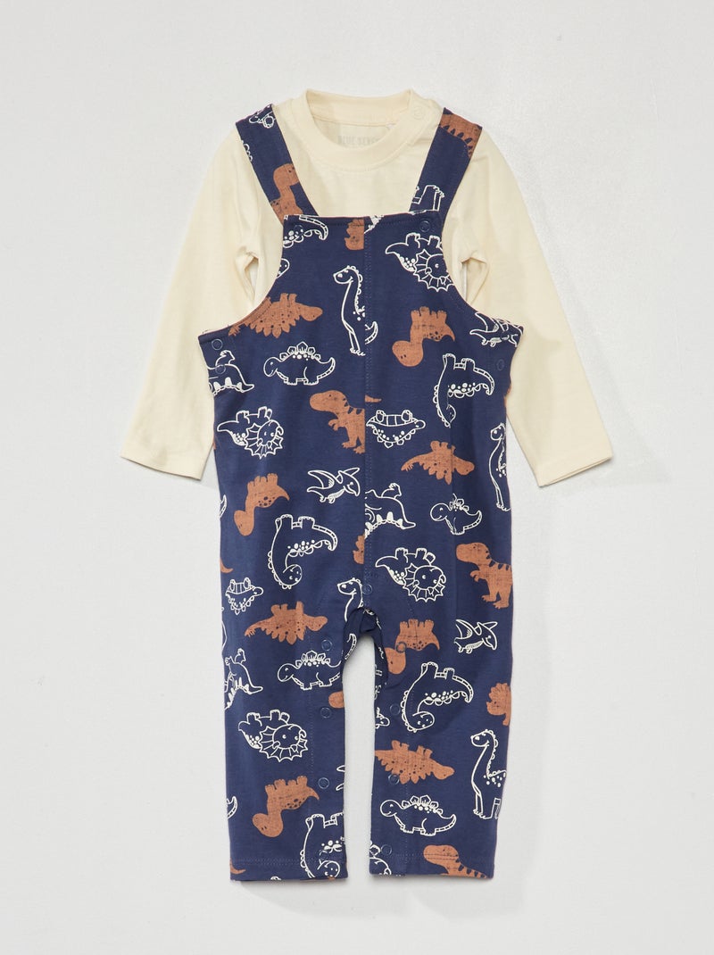 Setje: Salopette met dinosaurusmotief + body wit / blauw - Kiabi