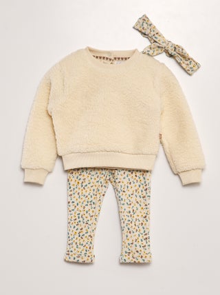 Setje: sweater van sherpa + legging met bloemenprint + haarband - 3-delig