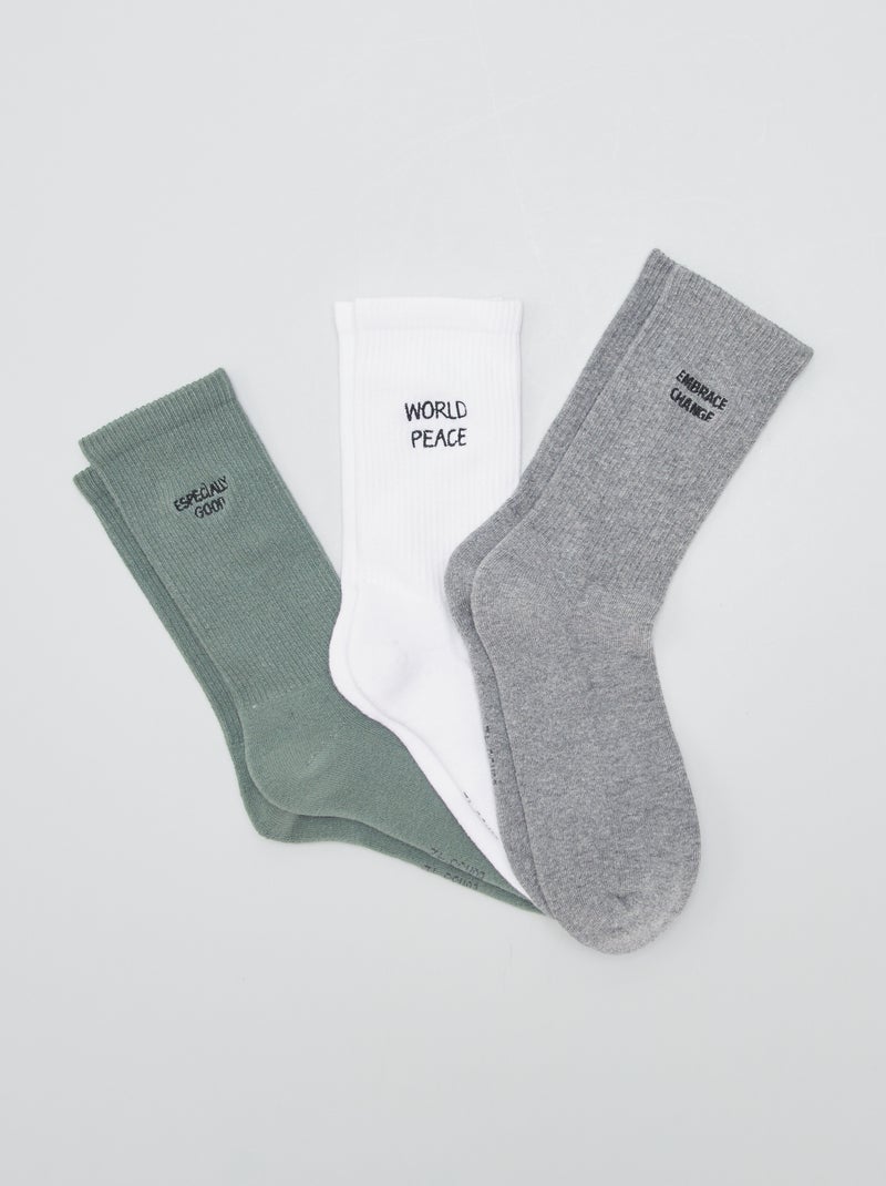 Setje van 3 sokken met boodschap KAKI - Kiabi