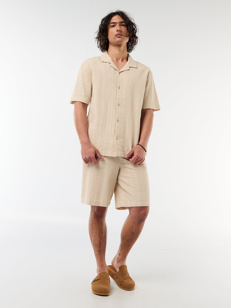 Shirt van gewafelde tricot met korte mouwen Biege - Kiabi