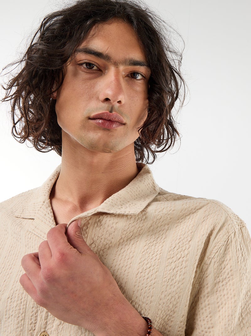 Shirt van gewafelde tricot met korte mouwen Biege - Kiabi