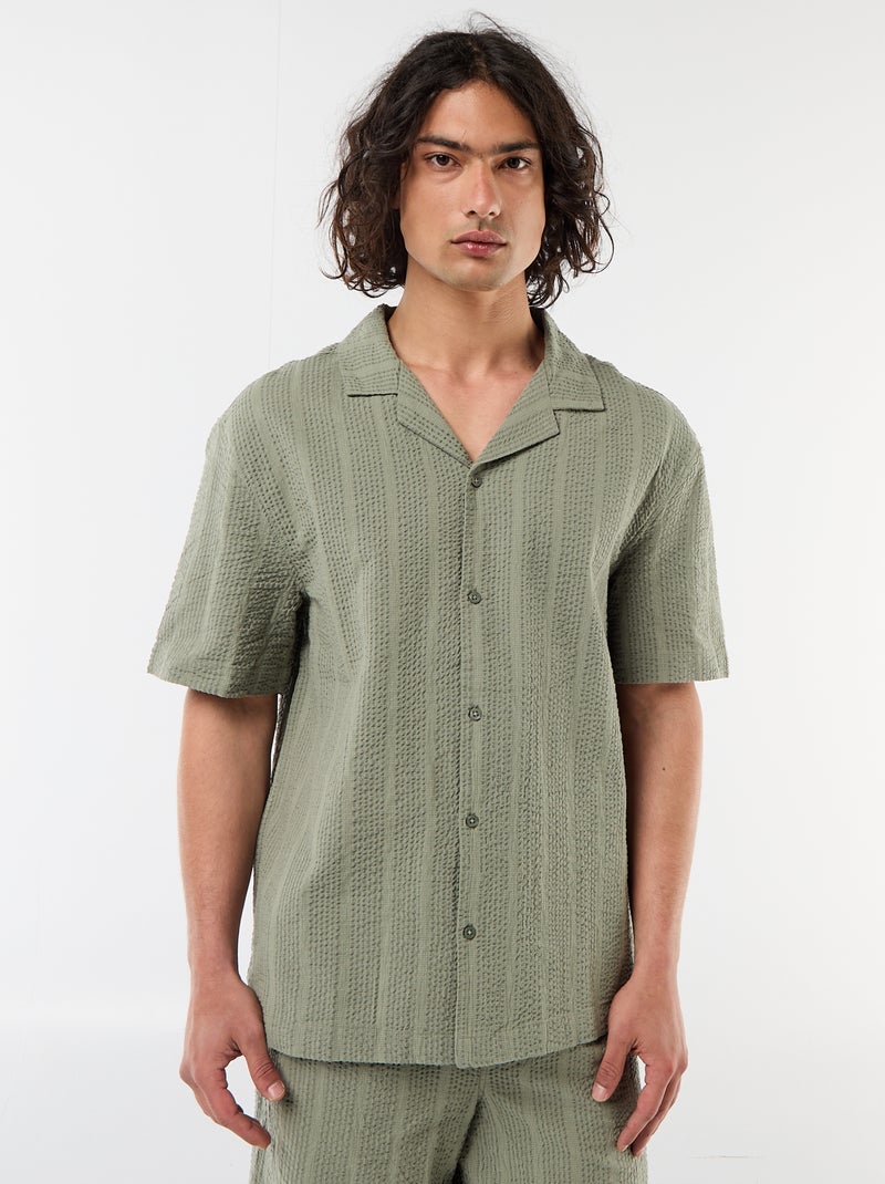 Shirt van gewafelde tricot met korte mouwen Kaki - Kiabi