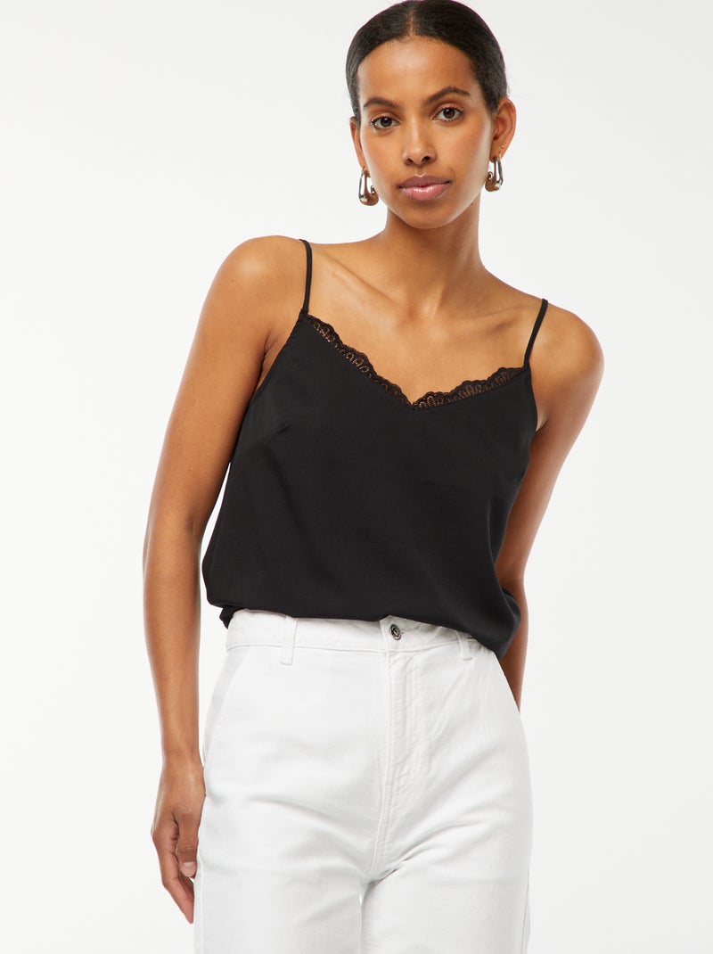 Singlet met kant langs de hals zwart - Kiabi