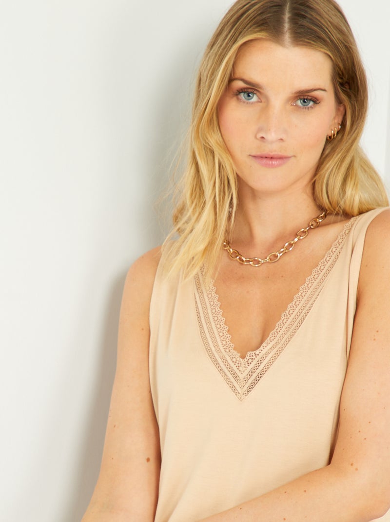 Singlet van stretchtricot met kant BIEGE - Kiabi
