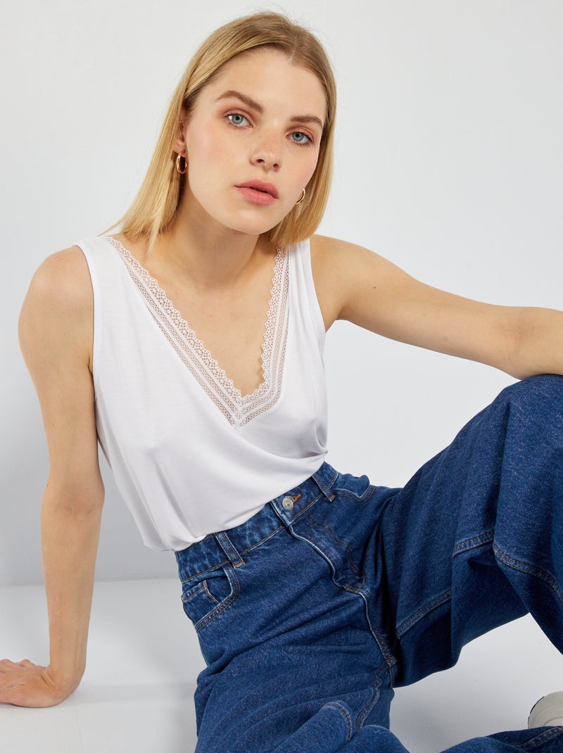 Singlet van stretchtricot met kant wit - Kiabi
