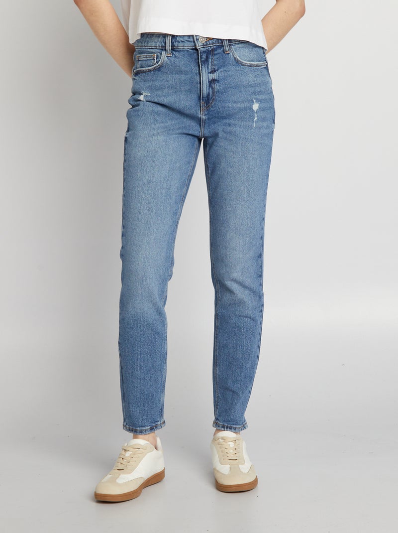 Slim-fit jeans met hoge taille en decoratieve slijtplekken BLAUW - Kiabi