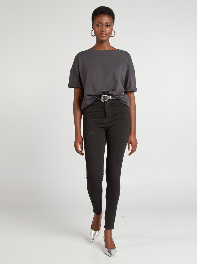 Slim-fit jeans met hoge taille en scheurtjes ZWART - Kiabi